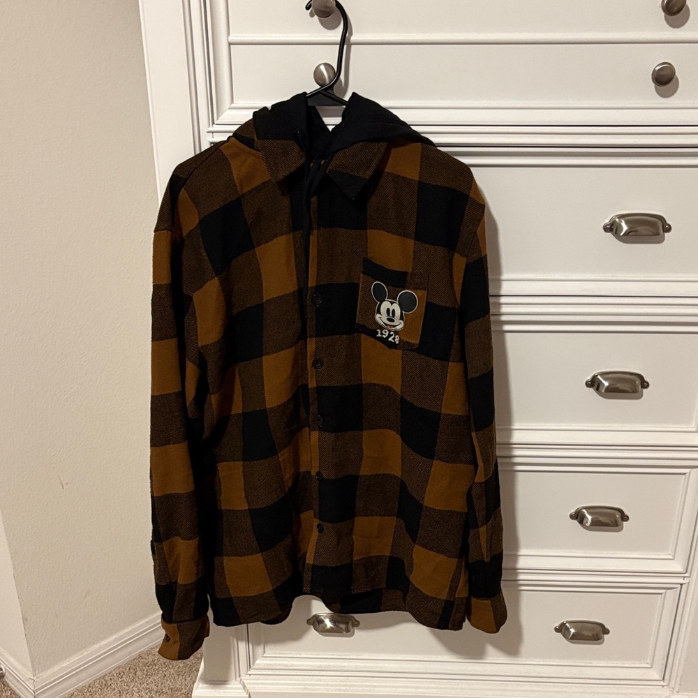 Disney Brown and Black Buffalo Plaid Hooded Shirt Jacket